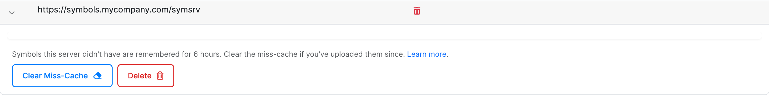 Expanded symbol server row showing the Clear Miss-Cache button