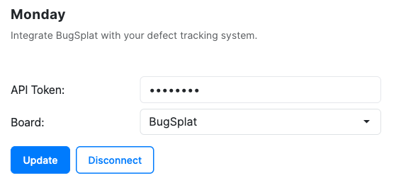 BugSplat Monday.com Defect Tracker settings