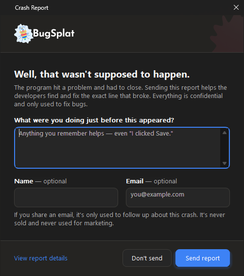 The BugSplat crash dialog in dark mode