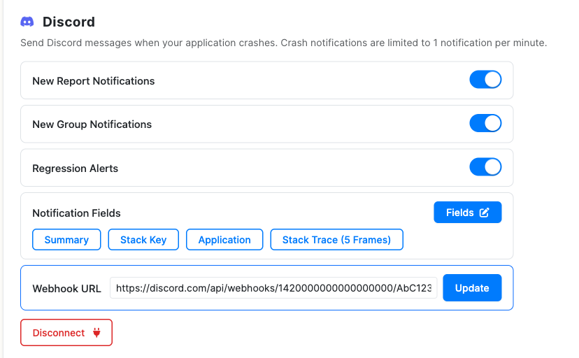 BugSplat Discord notification settings