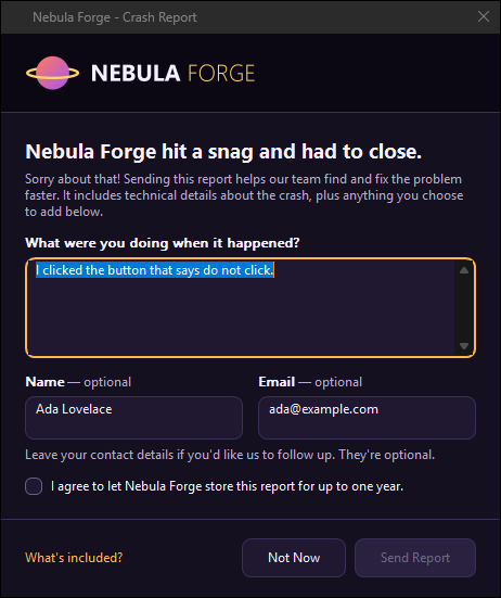 A rebranded crash dialog for a fictional product called Nebula Forge