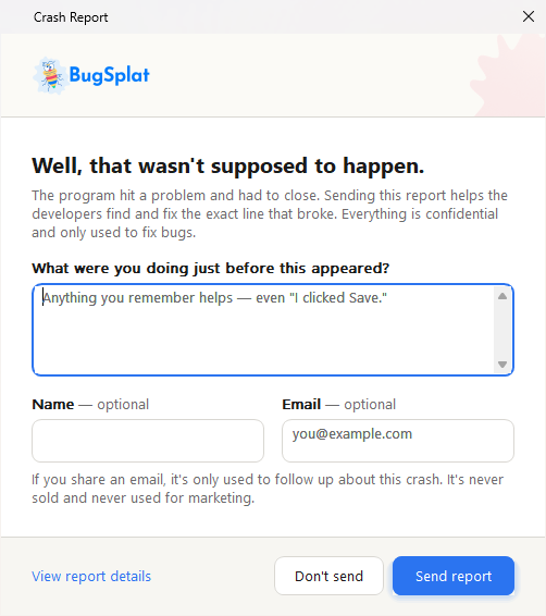 The BugSplat crash dialog