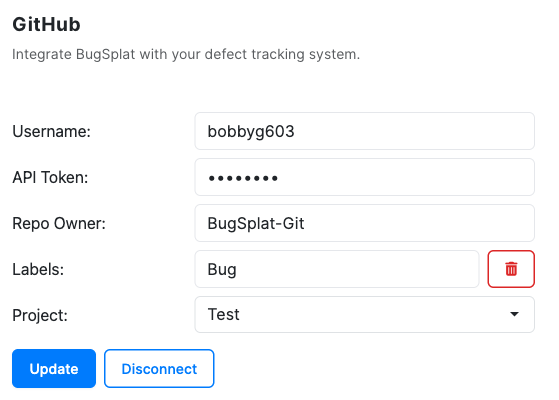 BugSplat GitHub Issues Defect Tracker settings